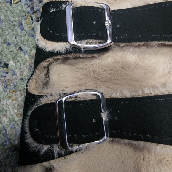 ALEXIS Bendel Slip On Slide Sandals Black Double Buckle Faux Fur Shoes - Picture 4 of 5